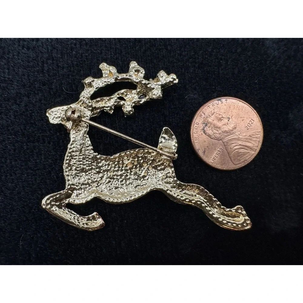 Christmas Reindeer Brooch Rhinestone Pave Gold Tone Red Enamel Holly Pin - Picture 3 of 10